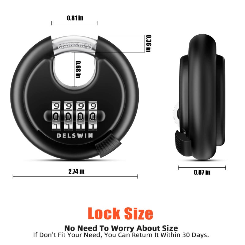 DELSWIN 4-Digit Disc Combination Lock Outdoor - Heavy Duty Combination Padlocks with Hardened Steel Shackle Weatherproof Combo Locks for Gates,Sheds,Fence,Storage Unit (3/8" Shackle, Black,2 Pcs) - Image 5